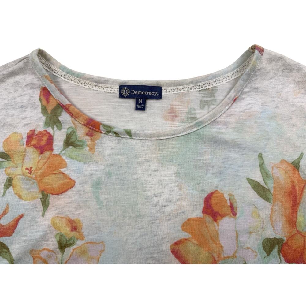 Democracy Top Flutter Sleeve White Orange Floral Beachy Tie Waist Womens Large - Picture 3 of 7